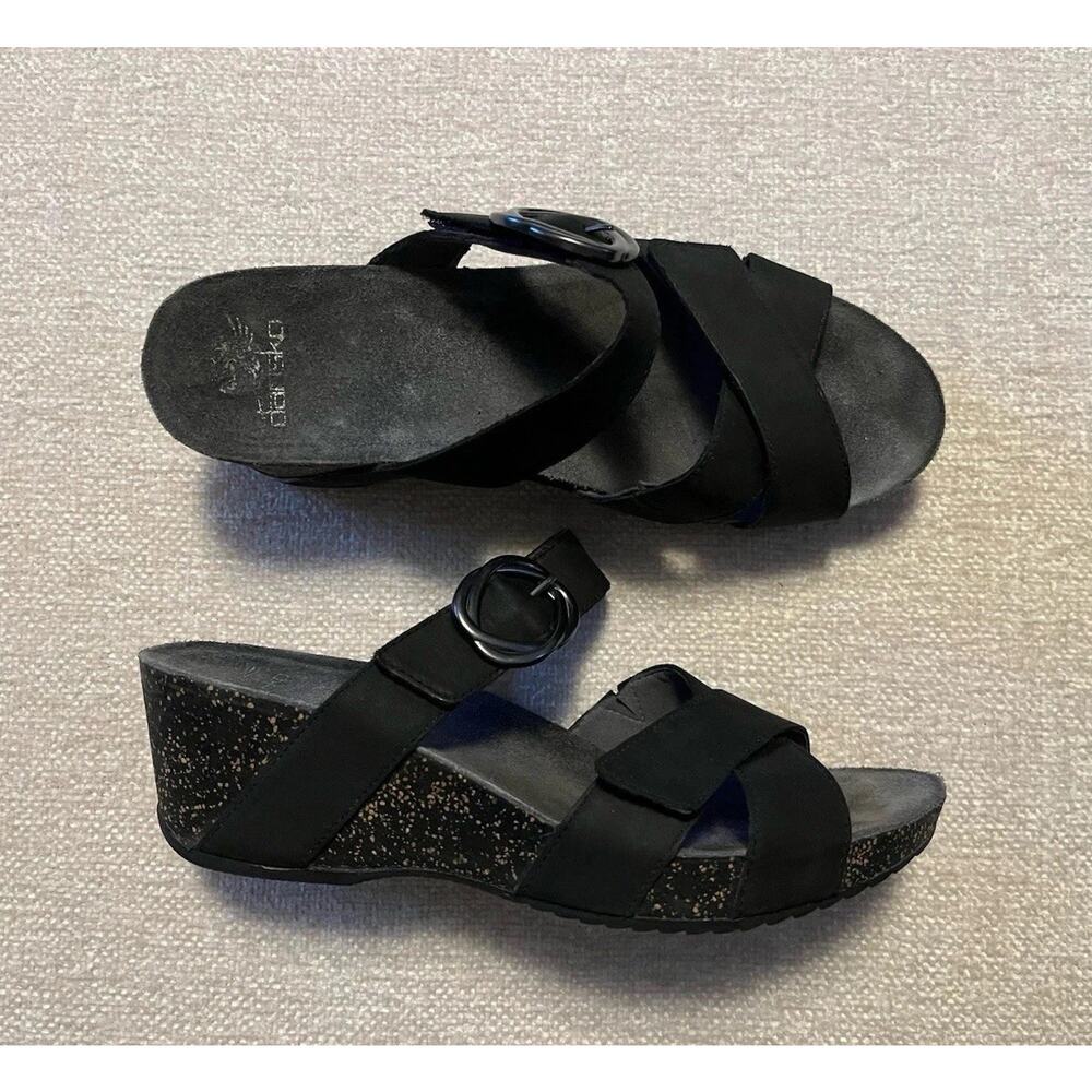 Dansko Susie Sandals Black Nubuck Open Toe Strap Wedge EU 40 US 9.5-10 Comfort